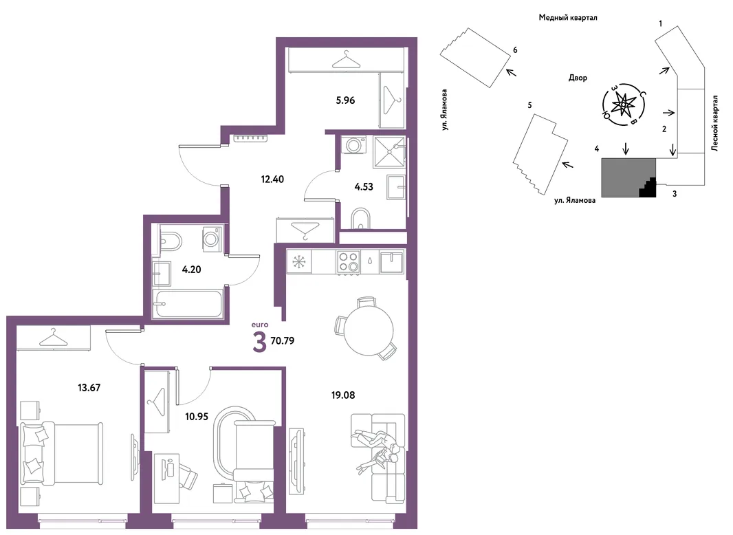 Планировка 3-комн. квартира, 70.79 м² ЖК «Сибирский сад»