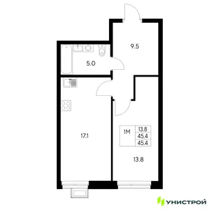 Планировка 1-комн. квартира, 45.4 м² ЖК «Стадиум»