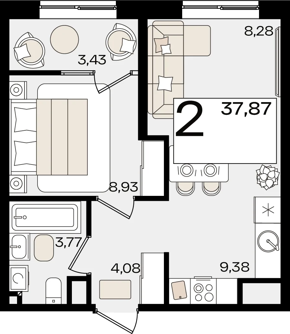 Планировка 2-комн. квартира, 37.87 м² ЖК «Патрики»