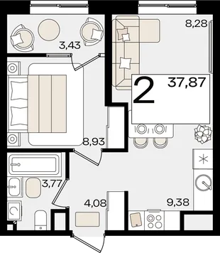 Планировка 2-комн. квартира, 37.87 м² ЖК «Патрики»