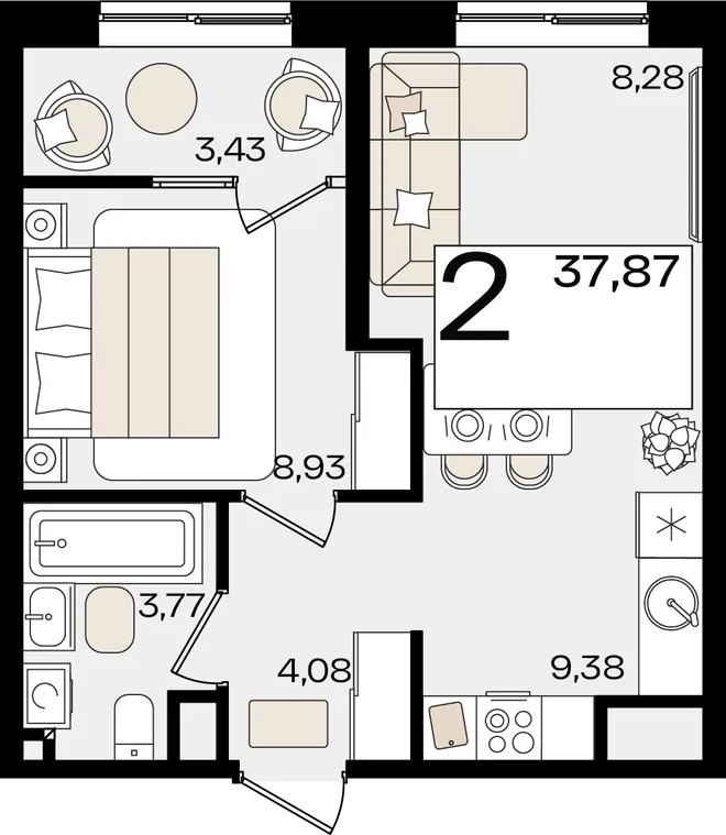 Планировка 2-комн. квартира, 37.87 м² ЖК «Патрики»