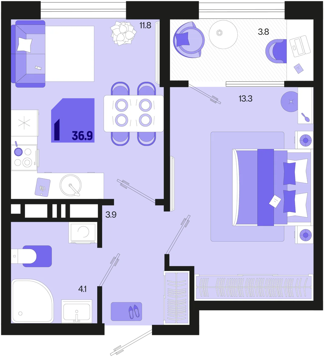 Планировка 1-комн. квартира, 36.9 м² ЖК «Первое место»