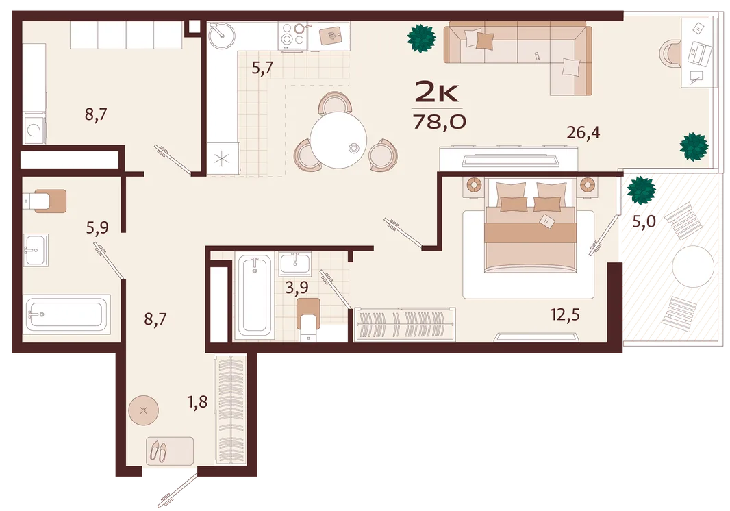 Планировка 2-комн. квартира, 78 м² ЖК «Роялта»