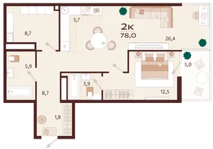 Планировка 2-комн. квартира, 78 м² ЖК «Роялта»