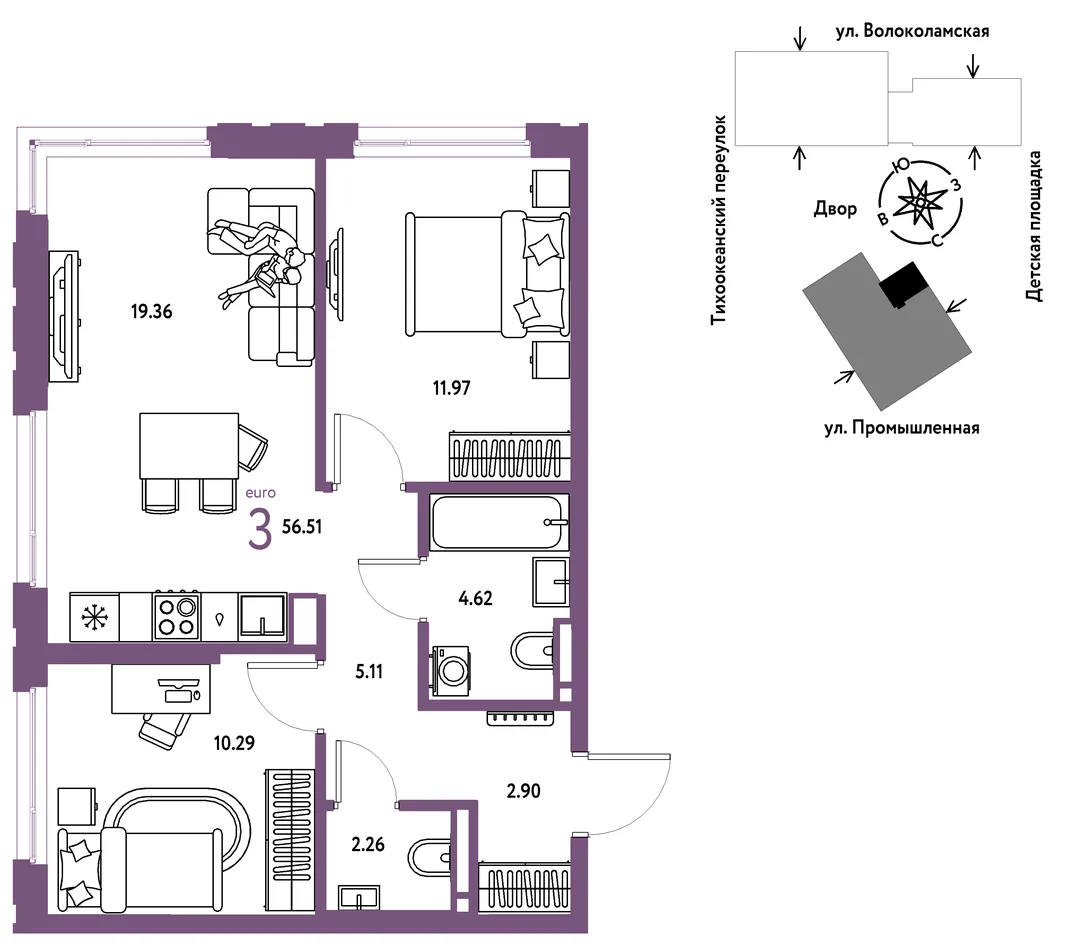 Планировка 3-комн. квартира, 56.51 м² ЖК «Страна Прибрежная»