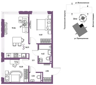 Планировка 3-комн. квартира, 56.51 м² ЖК «Страна Прибрежная»
