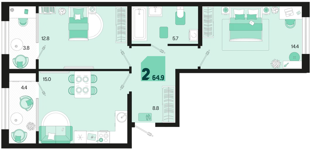 Планировка 2-комн. квартира, 64.9 м² ЖК «Первое место»