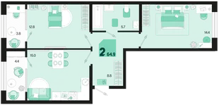 Планировка 2-комн. квартира, 64.9 м² ЖК «Первое место»