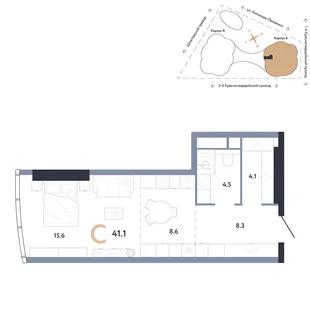 Планировка Студия, 41.1 м² ЖК «АУРУС Резиденции»
