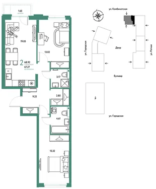 Планировка 2-комн. квартира, 68.92 м² ЖК «Уральский сад»