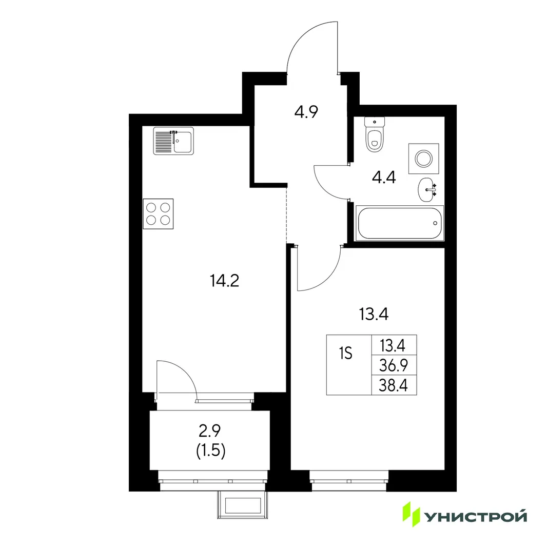 Планировка 1-комн. квартира, 38.4 м² ЖК «Стадиум»