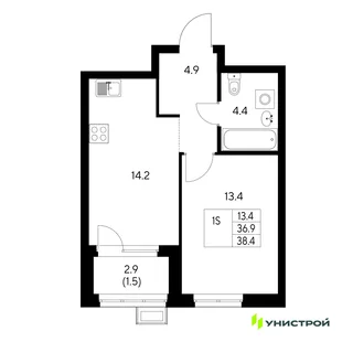 Планировка 1-комн. квартира, 38.4 м² ЖК «Стадиум»