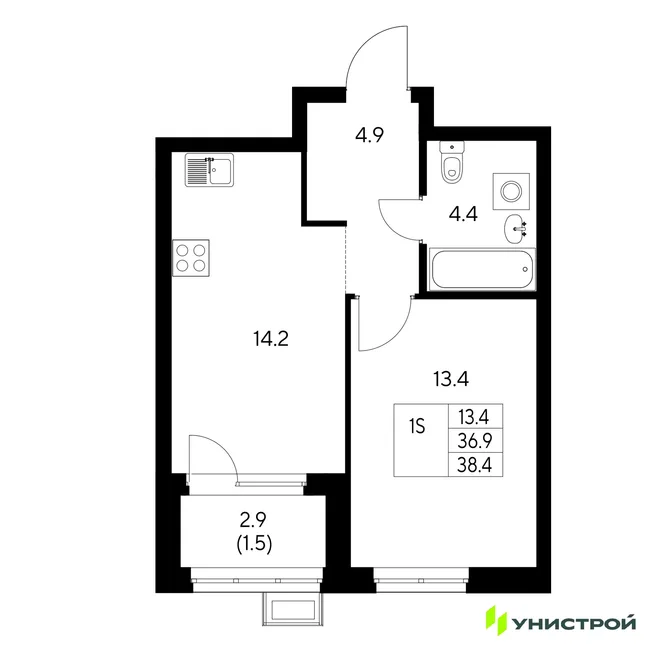 Планировка 1-комн. квартира, 38.4 м² ЖК «Стадиум» Планировка 1-комн. квартира, 38.4 м² ЖК «Стадиум»