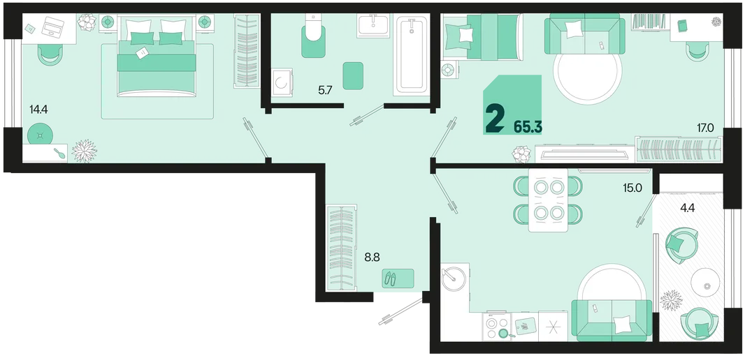 Планировка 2-комн. квартира, 65.3 м² ЖК «Первое место»