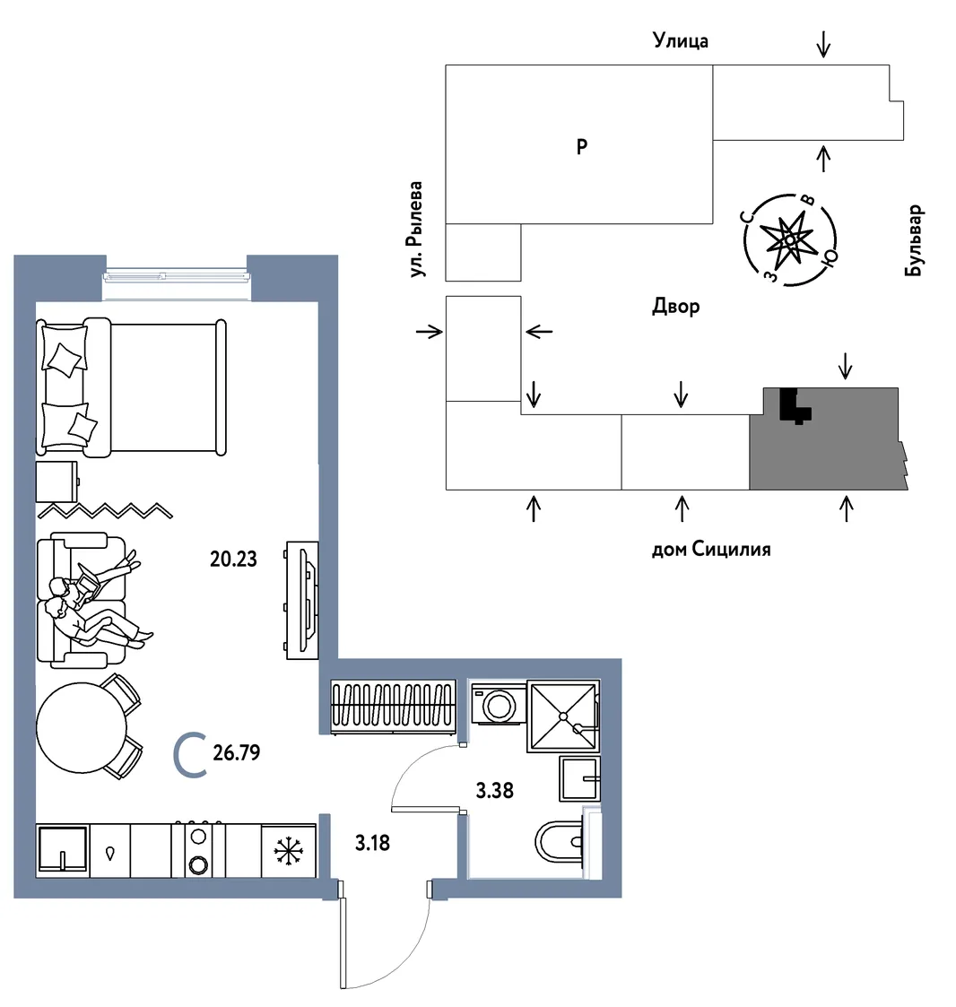 Планировка Студия, 26.79 м² ЖК «Остров-сад»