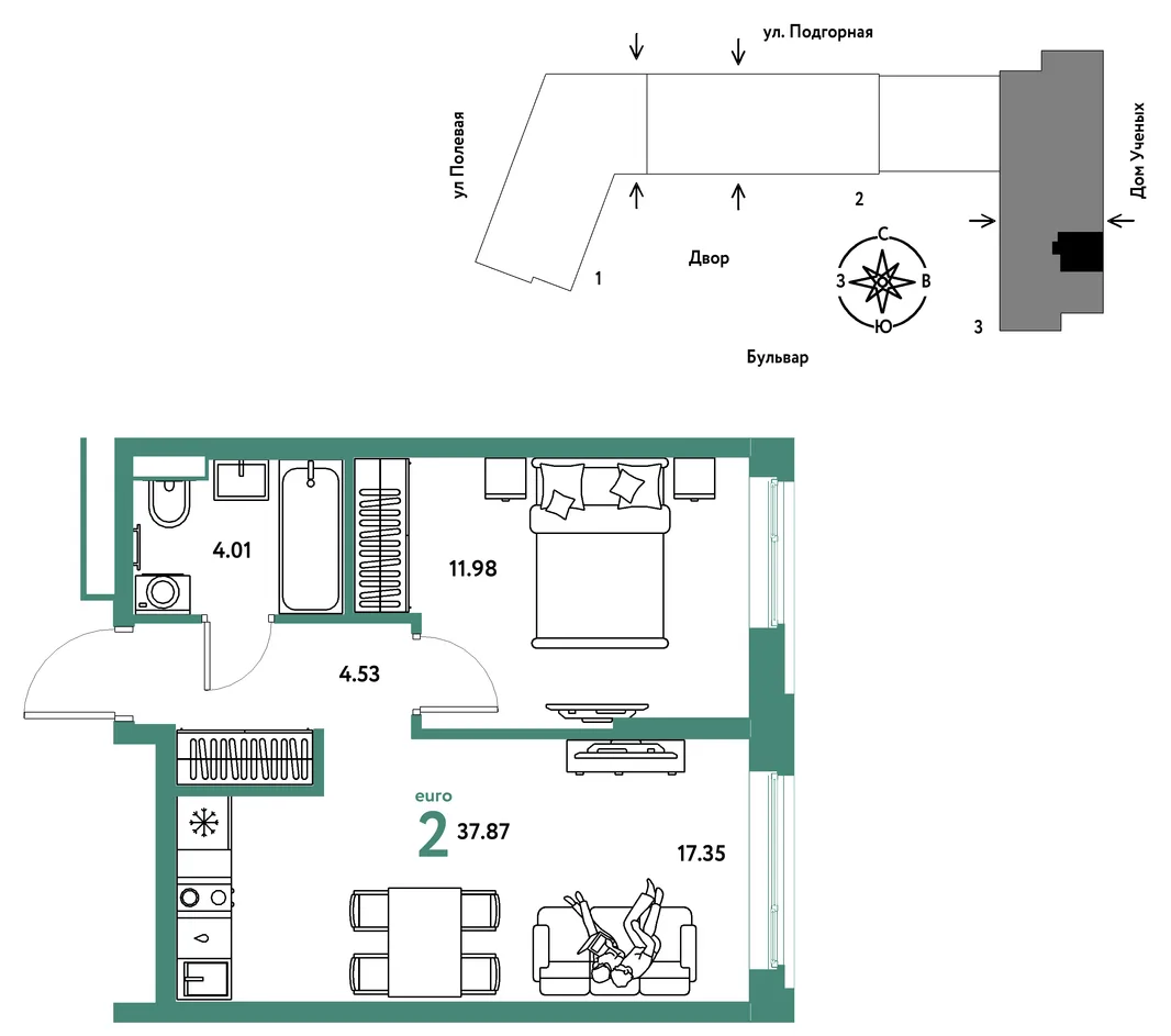 Планировка 2-комн. квартира, 37.97 м² ЖК «Авторский»