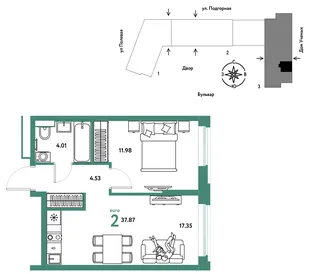 Планировка 2-комн. квартира, 37.97 м² ЖК «Авторский»