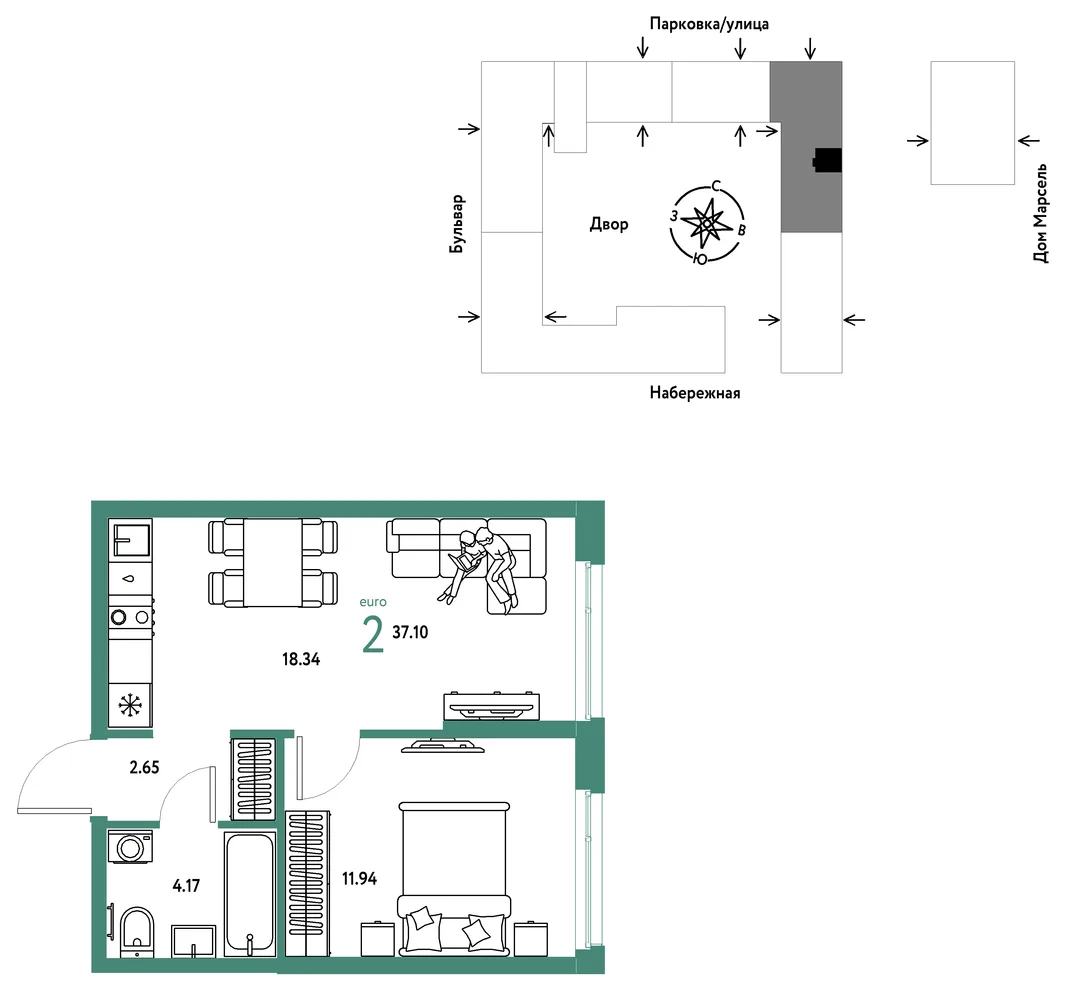 Планировка 2-комн. квартира, 37.1 м² ЖК «Европейский берег 2.0»