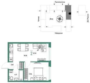 Планировка 2-комн. квартира, 37.1 м² ЖК «Европейский берег 2.0»