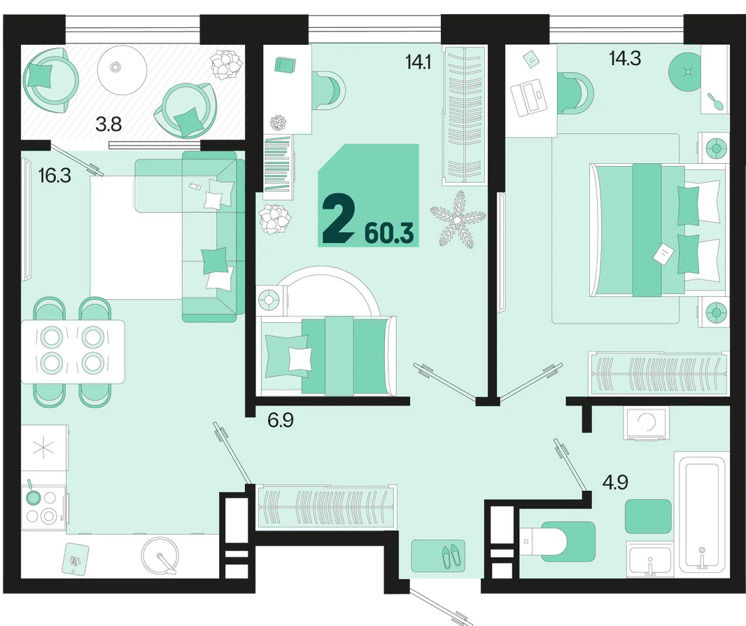 Планировка 2-комн. квартира, 60.3 м² ЖК «Первое место»