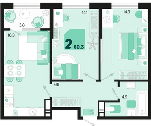 Планировка 2-комн. квартира, 60.3 м² ЖК «Первое место»