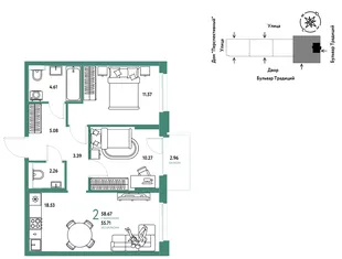 Планировка 2-комн. квартира, 58.67 м² ЖК «Микрорайон Домашний»