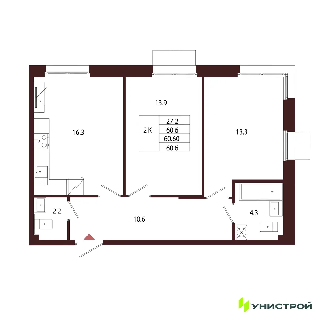 Планировка 2-комн. квартира, 60.6 м² ЖК «Лисино»