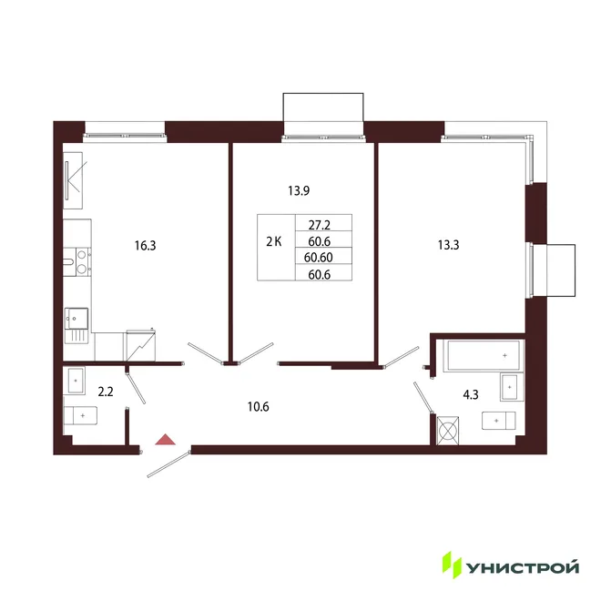 Планировка 2-комн. квартира, 60.6 м² ЖК «Лисино» Планировка 2-комн. квартира, 60.6 м² ЖК «Лисино»