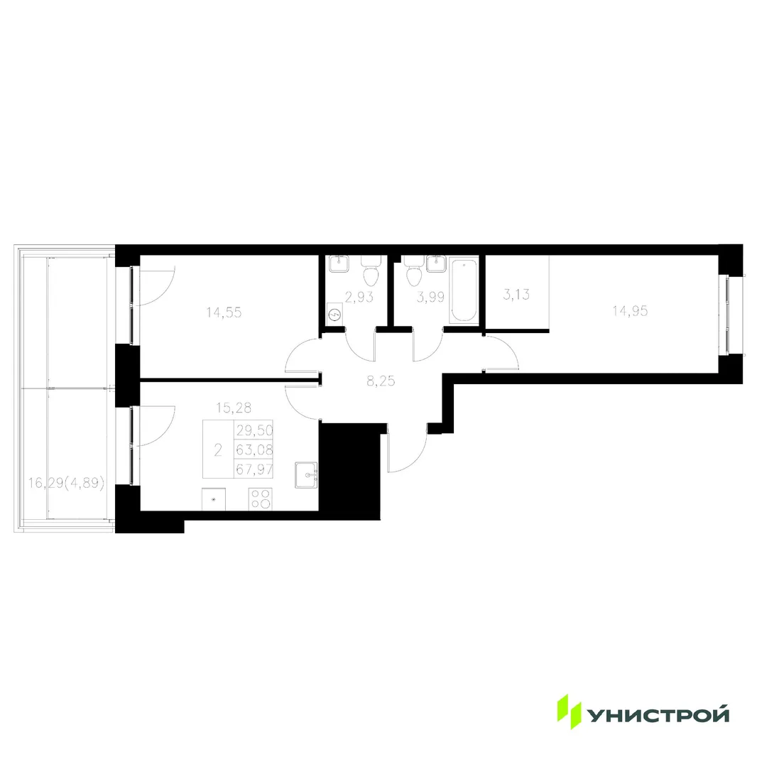 Планировка 2-комн. квартира, 67.97 м² ЖК «Statum»
