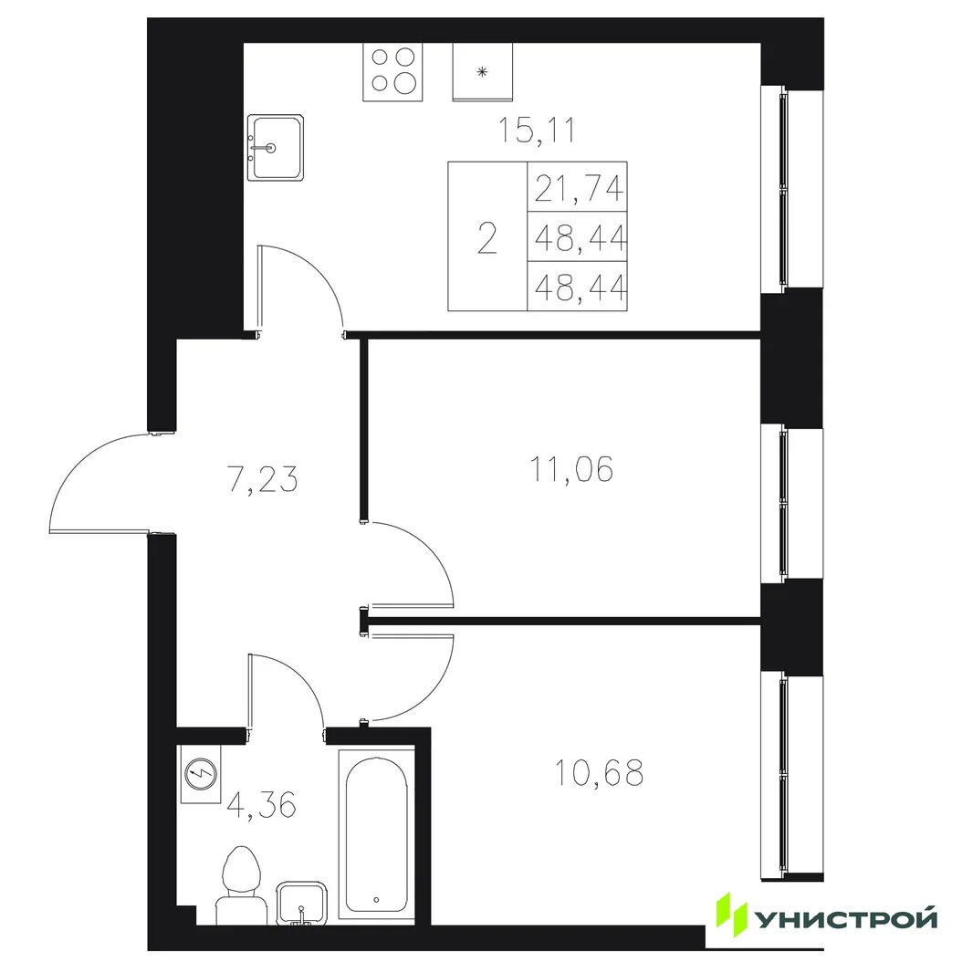 Планировка 2-комн. квартира, 48.44 м² ЖК «Statum»