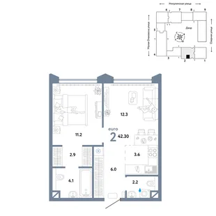 Планировка 2-комн. квартира, 42.3 м² ЖК «Страна.Озёрная»