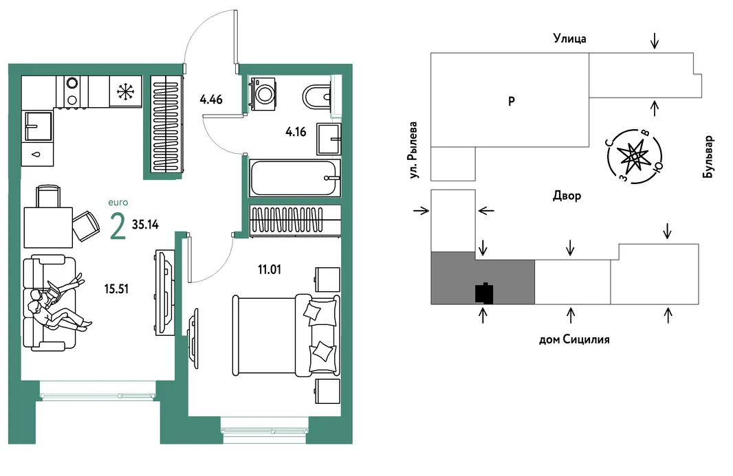 Планировка 2-комн. квартира, 35.14 м² ЖК «Остров-сад»