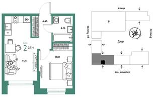 Планировка 2-комн. квартира, 35.14 м² ЖК «Остров-сад»