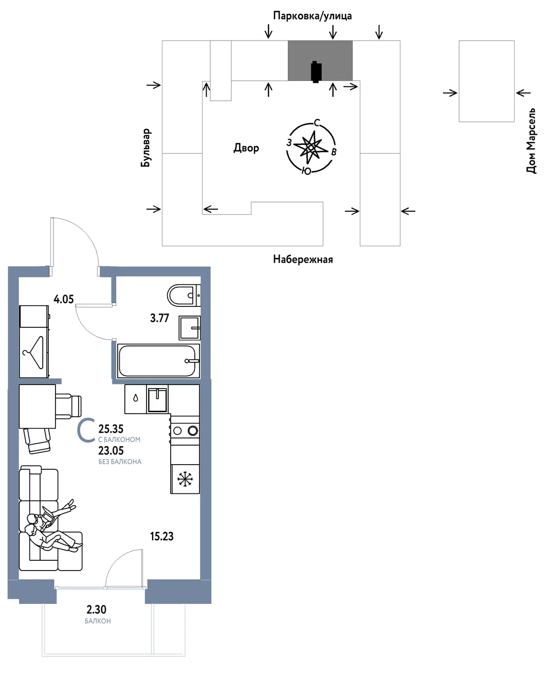 Планировка Студия, 25.35 м² ЖК «Европейский берег 2.0»