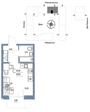 Планировка Студия, 25.35 м² ЖК «Европейский берег 2.0»