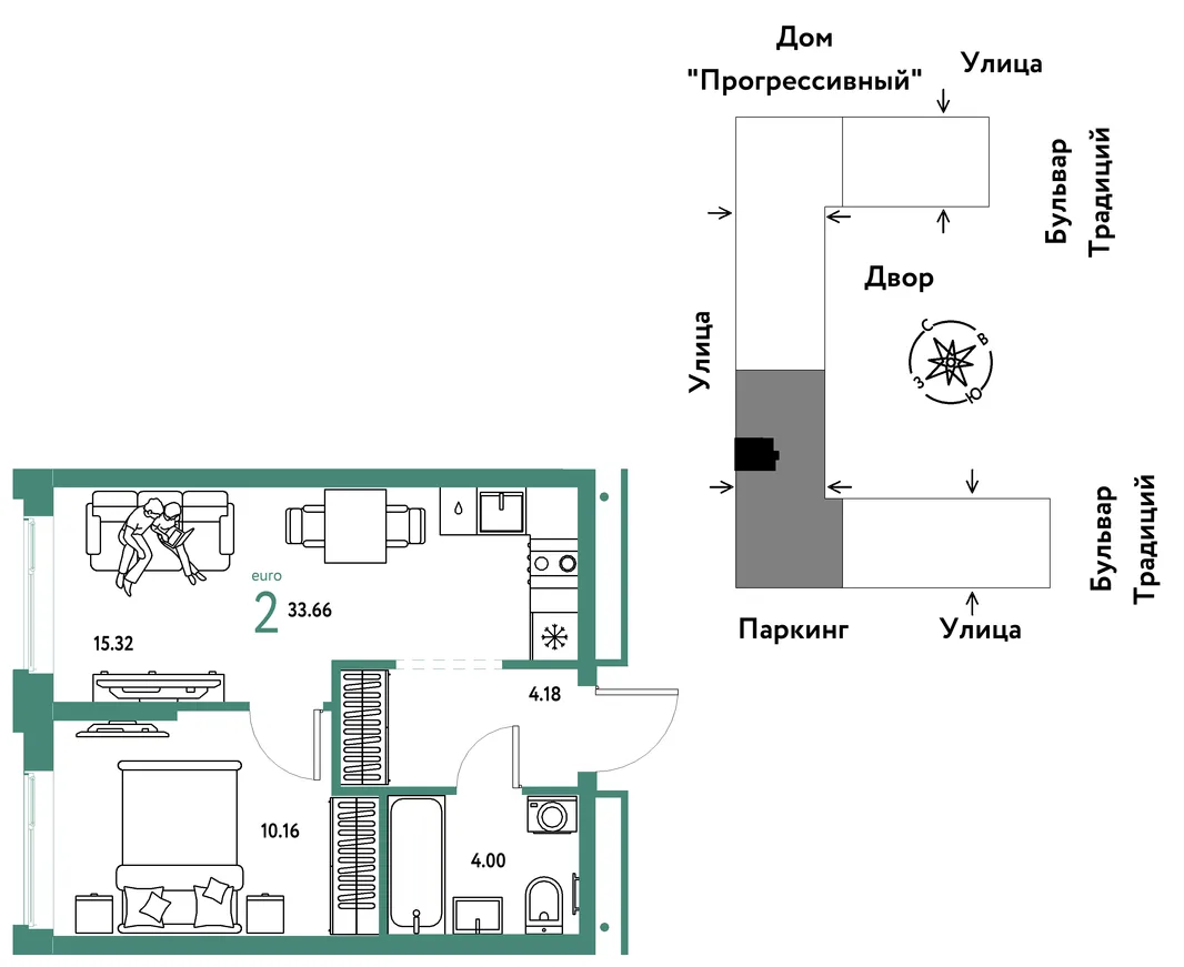 Планировка 2-комн. квартира, 33.66 м² ЖК «Микрорайон Домашний»