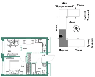 Планировка 2-комн. квартира, 33.66 м² ЖК «Микрорайон Домашний»