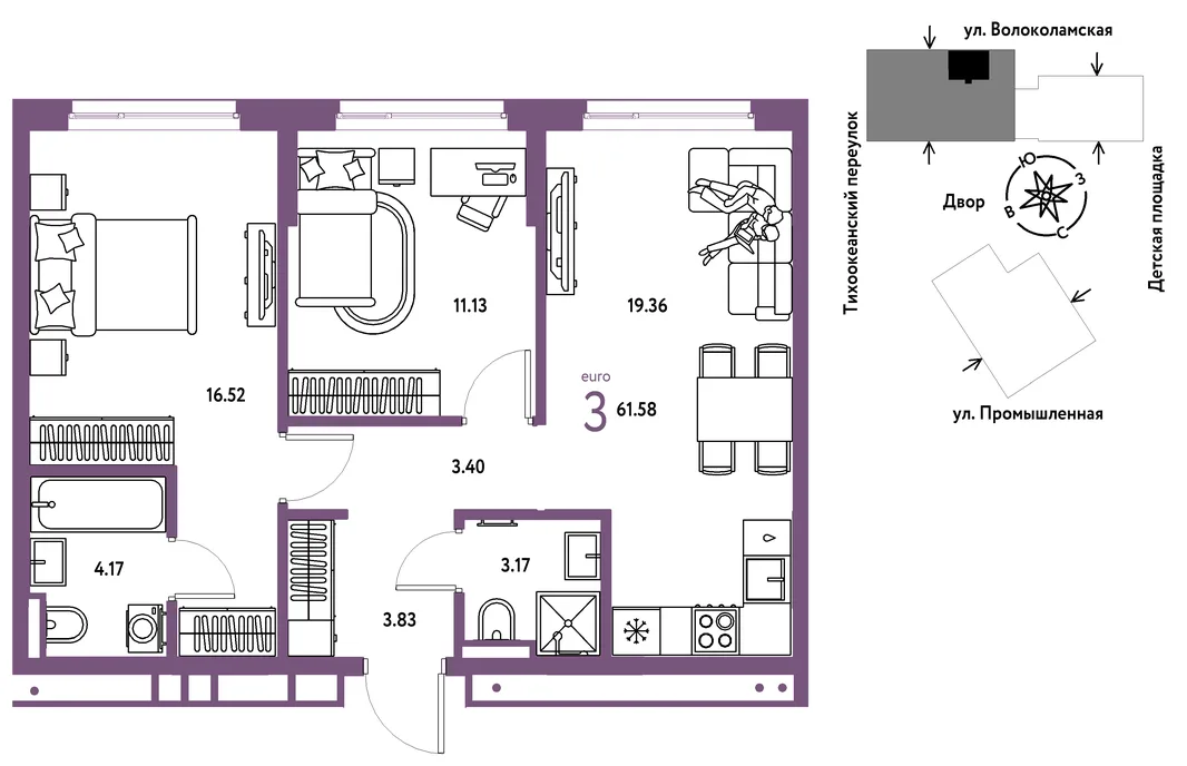 Планировка 3-комн. квартира, 61.58 м² ЖК «Страна Прибрежная»