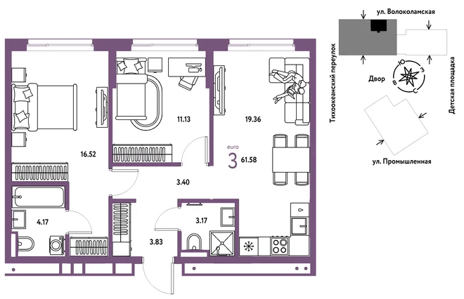 Планировка 3-комн. квартира, 61.58 м² ЖК «Страна Прибрежная»