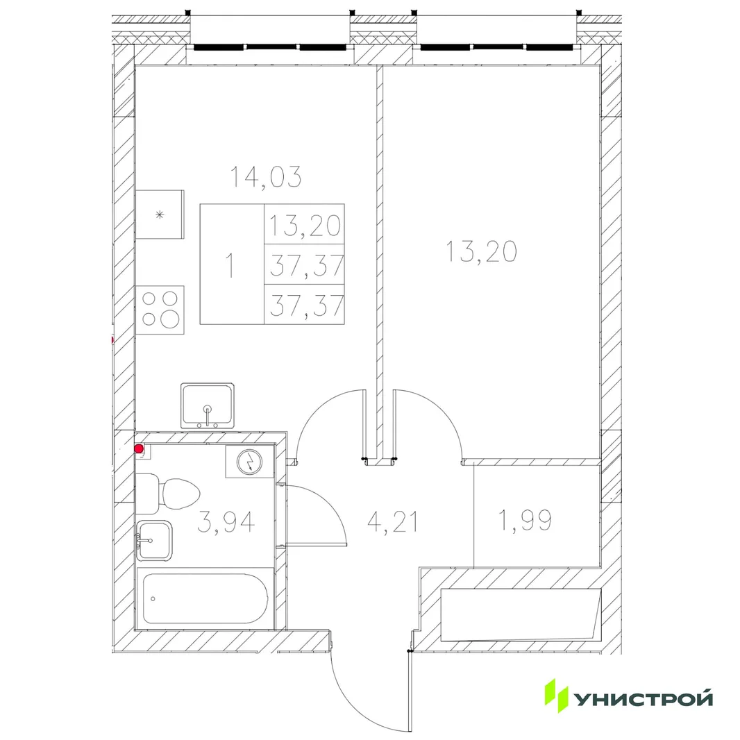 Планировка 1-комн. квартира, 37.37 м² ЖК «Statum»