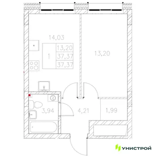Планировка 1-комн. квартира, 37.37 м² ЖК «Statum»