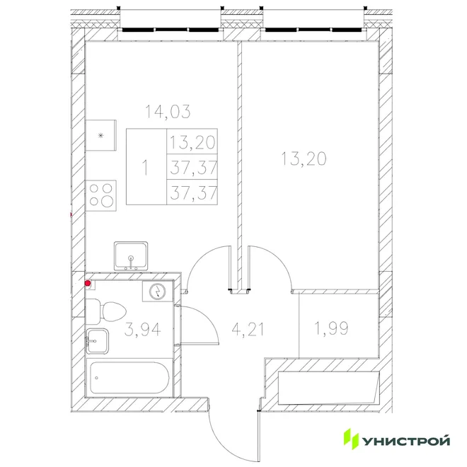 Планировка 1-комн. квартира, 37.37 м² ЖК «Statum»
