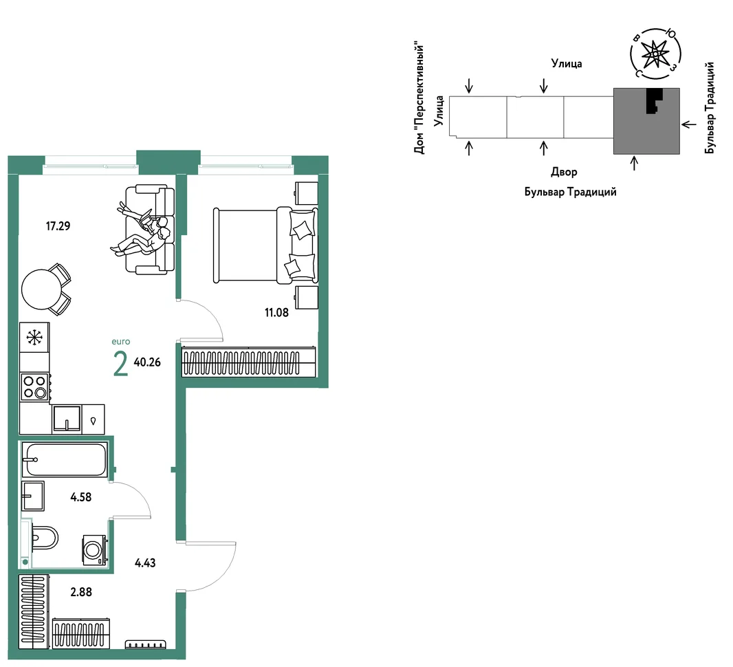 Планировка 2-комн. квартира, 40.26 м² ЖК «Микрорайон Домашний»