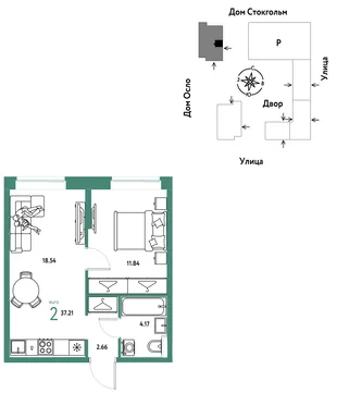 Планировка 2-комн. квартира, 37.21 м² ЖК «Европейский берег 2.0»