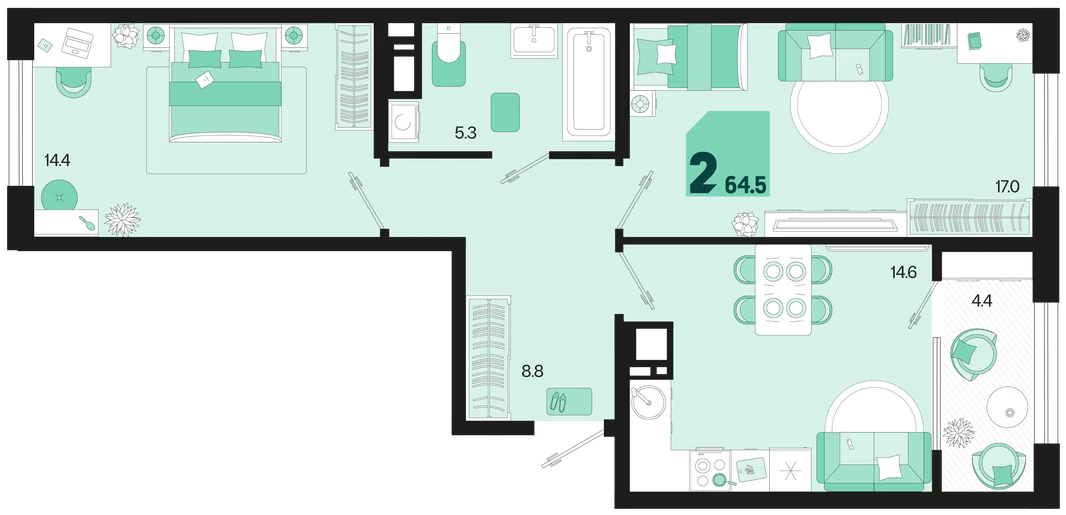 Планировка 2-комн. квартира, 64.5 м² ЖК «Первое место»
