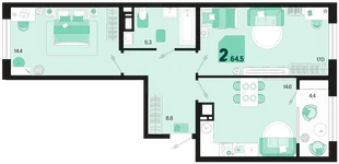 Планировка 2-комн. квартира, 64.5 м² ЖК «Первое место»
