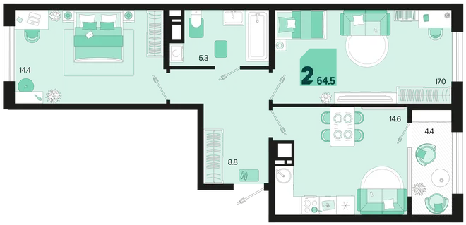 Планировка 2-комн. квартира, 64.5 м² ЖК «Первое место» Планировка 2-комн. квартира, 64.5 м² ЖК «Первое место»