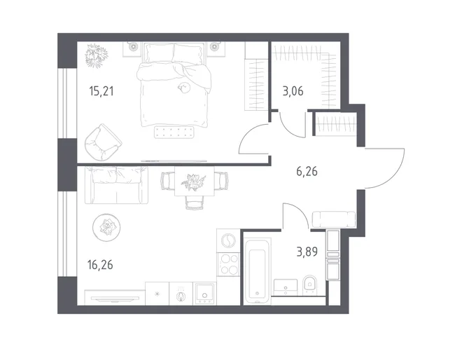 Планировка 1-комн. квартира, 44.68 м² ЖК «Октябрьская 98»