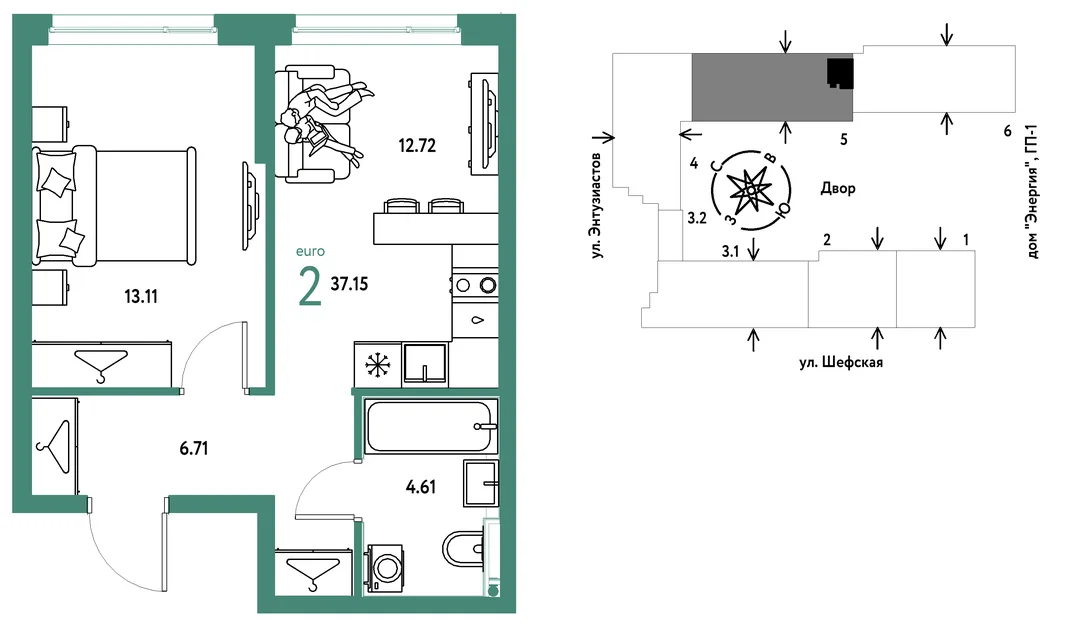Планировка 2-комн. квартира, 37.15 м² ЖК «Страна.Энтузиастов»