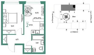 Планировка 2-комн. квартира, 37.15 м² ЖК «Страна.Энтузиастов»